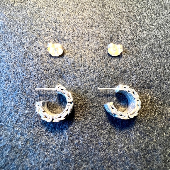 Lois Hill Hand Carved Scroll Chunky Post Hoop Earrings Sterling Silver 6" Drop - Picture 9 of 17